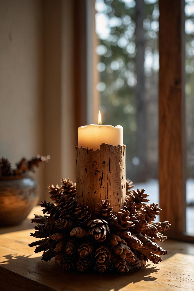 Holz-Kerzenhalter mit Rinde und Zapfen winterlich dekoriert