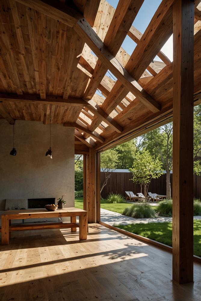 Holzbauteile am Dach bei heller Frühlingssonne