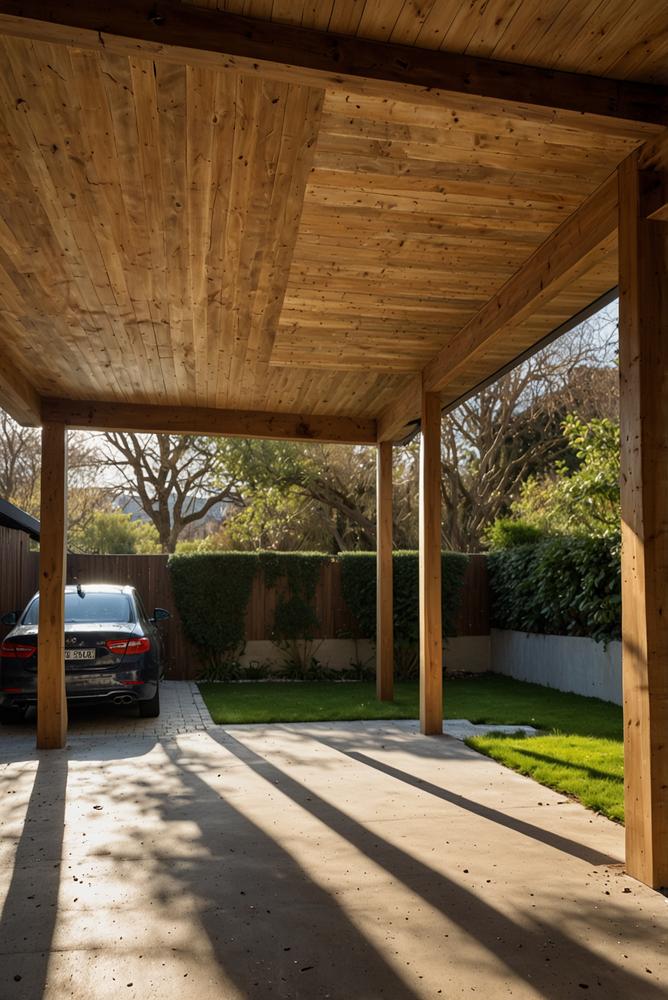 Hell erleuchteter Holzcarport mit Holzdachkonstruktion im Frühling