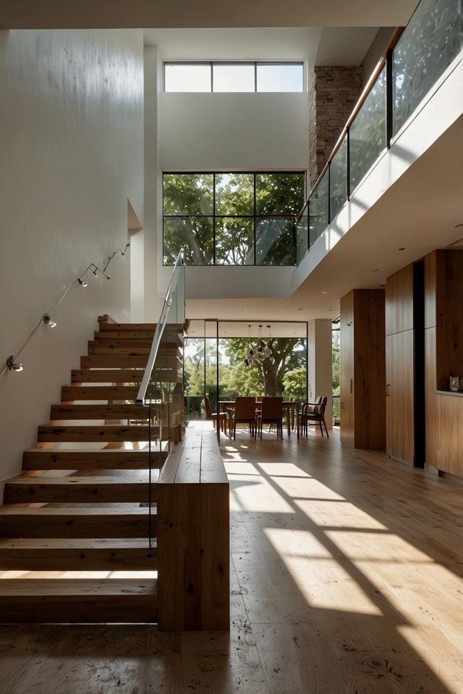 Holzgeländer an Balkon und Treppe im Frühling hell und gepflegt