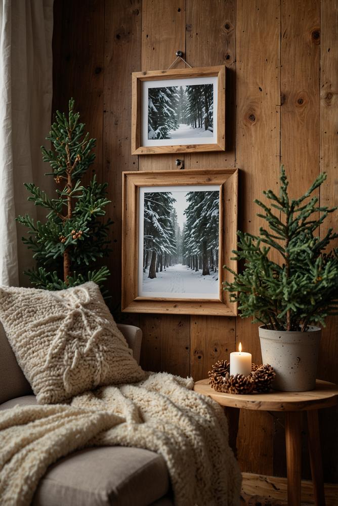 Holzrahmen Fotowand mit winterlicher Zweig-Deko