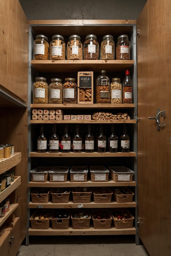 Helles, gepflegtes Kellerlager mit Möbeln und Lebensmittelkartons