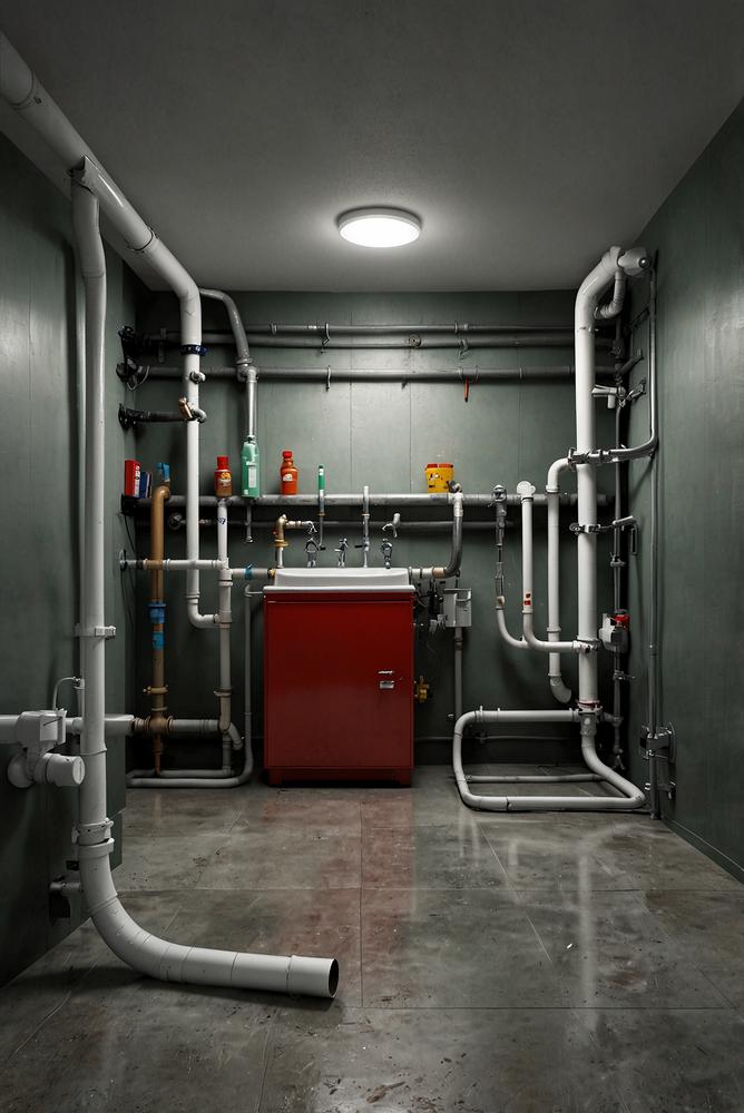 Hell beleuchteter Keller mit Wasserleitungen und Kondensation