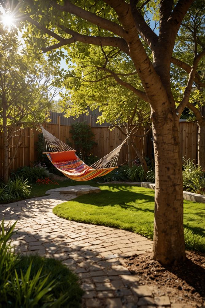 Kinderfreundliche Außenanlage mit Spiel- und Entspannungszonen im Frühling