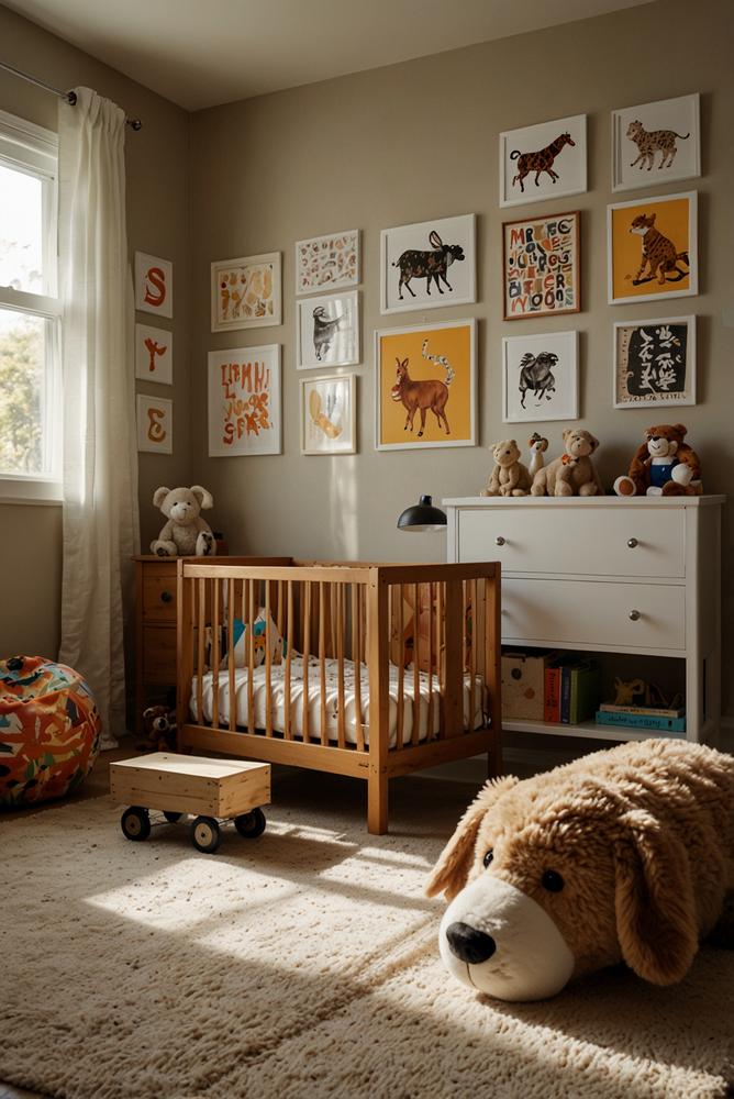 Helles Kinderzimmer mit bunten Wandtattoos an der Wand