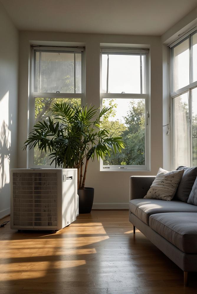 Klimaanlage im hellen, lichtdurchfluteten Raum wartend