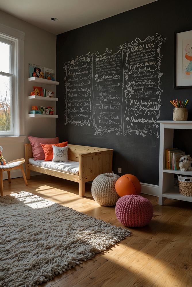 Helles Kinderzimmer mit großer Tafelfläche an der Wand