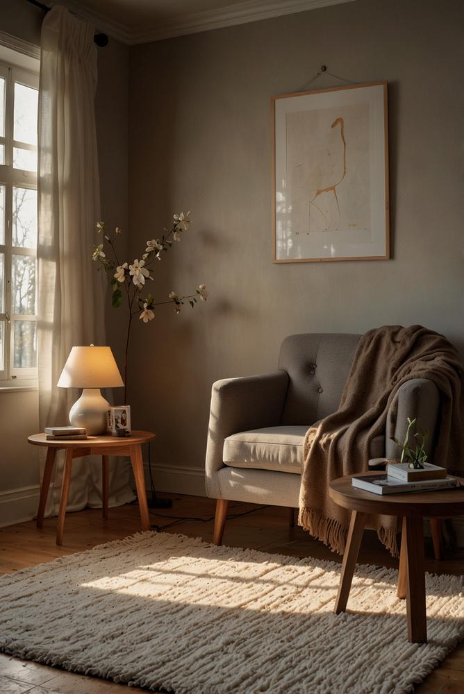 Helle gemütliche Kuschelecke mit Teppich und Stehlampe