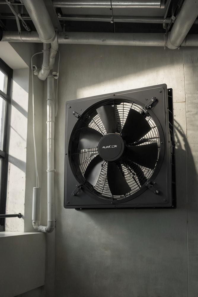 Lüftungsanlage mit Ventilator und Riemen in hellem Raum