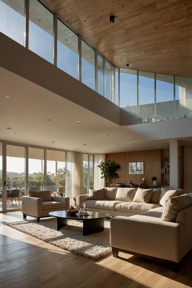 Helle Wohnstube mit moderner Lüftungsanlage und Sonnenlicht