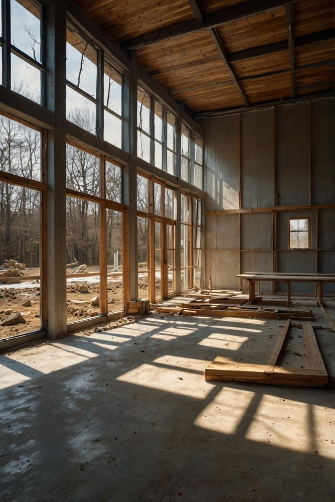 Lichtdurchflutete Baustellenlagerung mit Baumaterialien im Fruehling