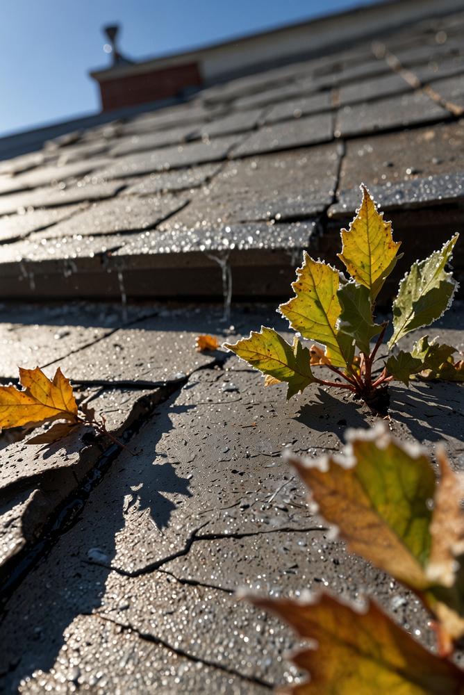 Hell beleuchtetes Dach mit Eis- und Frostschäden nach Winter