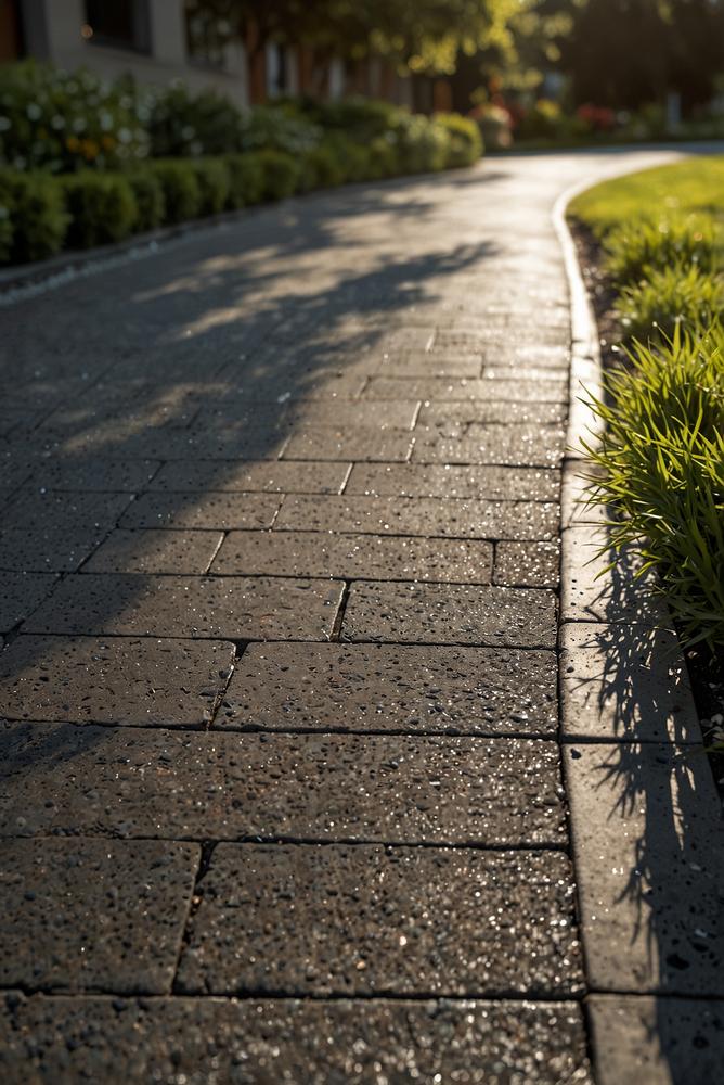 Nachhaltige Einfahrt mit umweltfreundlichen Materialien im Sonnenlicht