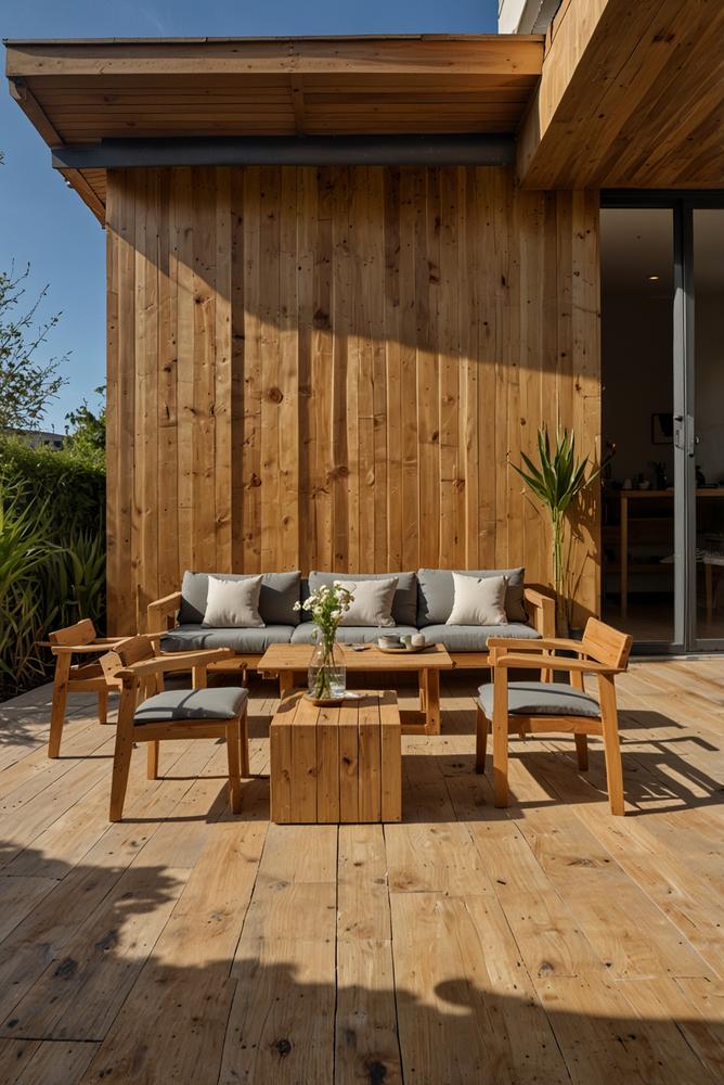 Helle nachhaltige Terrassengestaltung im Frühling