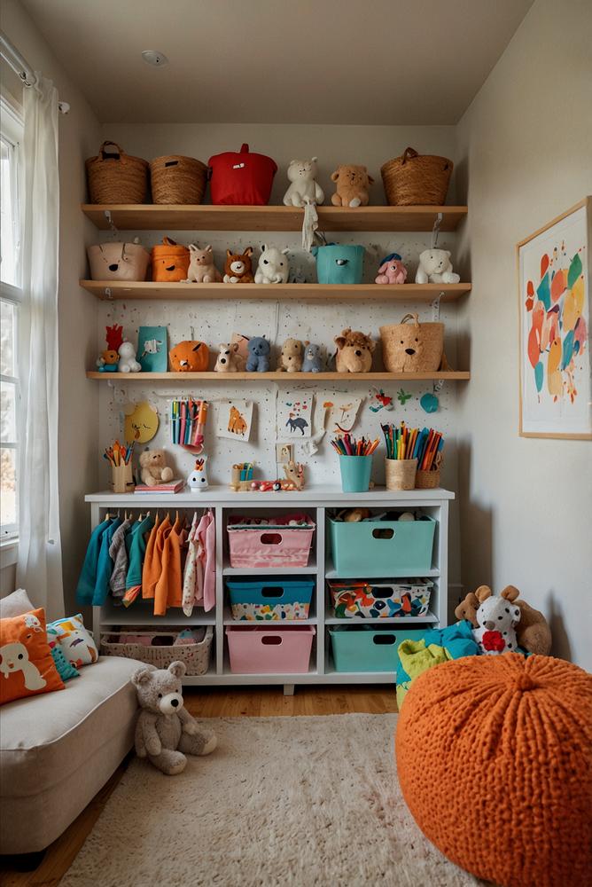 Helle Pegboard-Wand im Kinderzimmer mit Stauraum