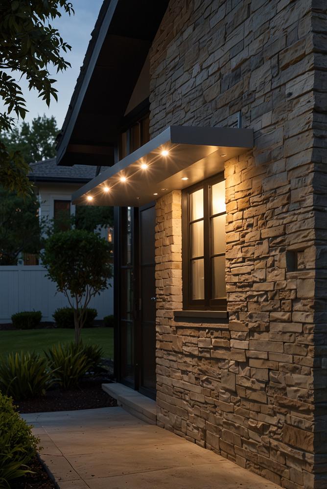 Moderne helle Außenbeleuchtung am Haus bei Tageslicht