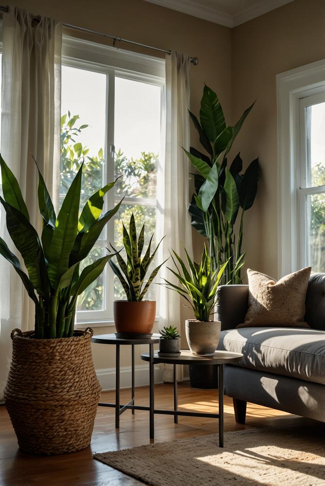 Wohnliche Pflanzenecke mit verschiedenen Zimmerpflanzen