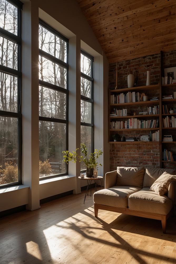 Hell erleuchteter Wohnraum mit moderner Heizung und großen Fenstern