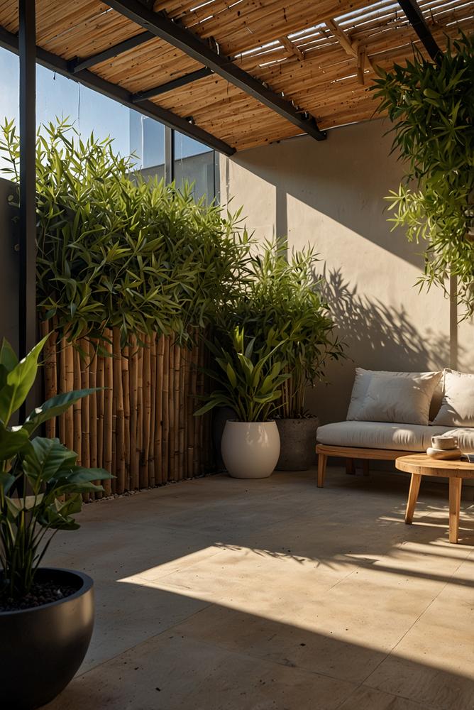 Helle, lichtdurchflutete Terrasse mit Sicht- und Lärmschutz im Frühling