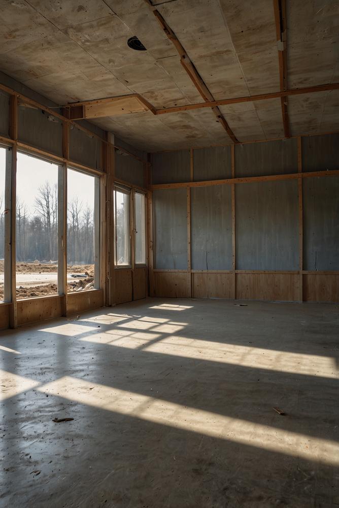 Helle Baustelle mit provisorischer Heizung und Trocknung