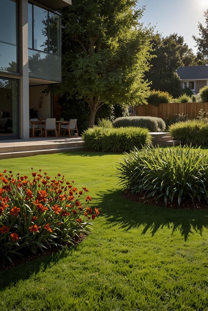 Heller frischer Rasen nach Vertikutieren und Nachsäen im Garten