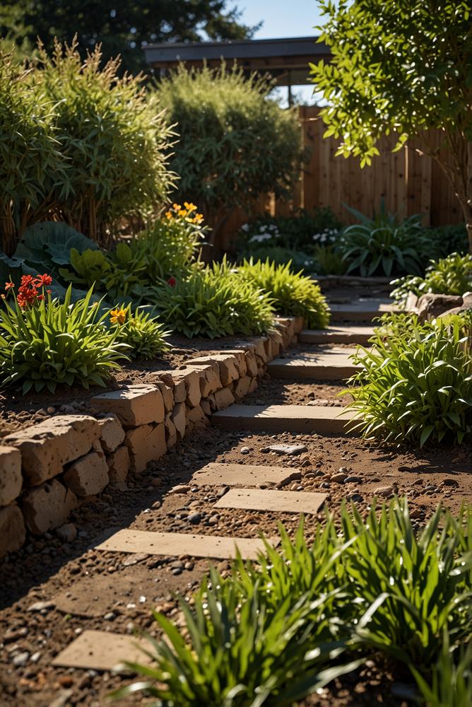 Heller Garten mit Mulden und bepflanzten Regenbeeten zur Regenwasserbewirtschaftung