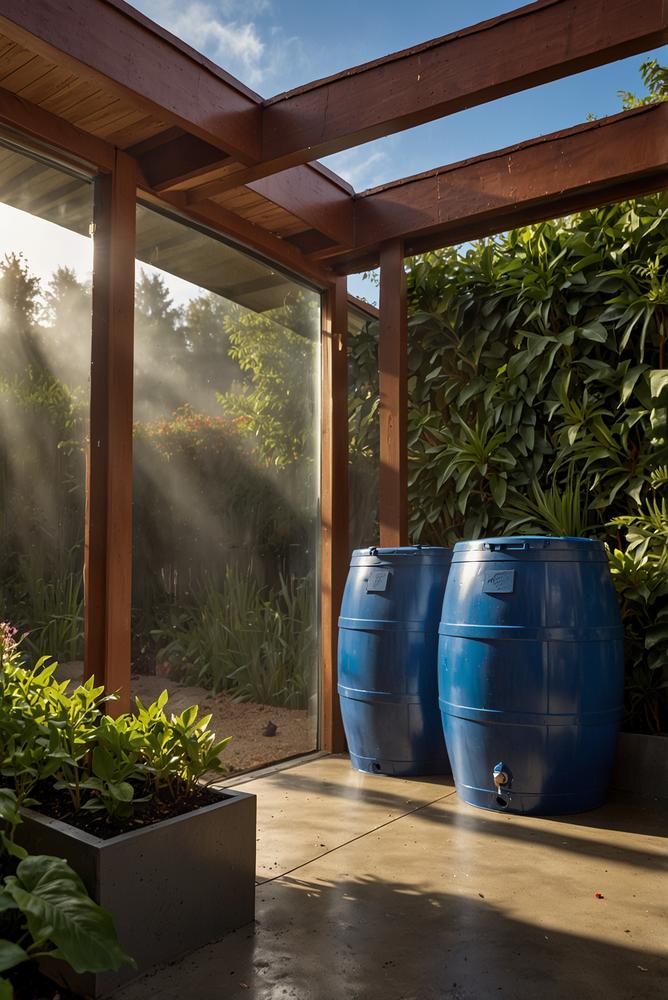 Helle Regentonne im Garten mit Pflanzen und Sonnenschein