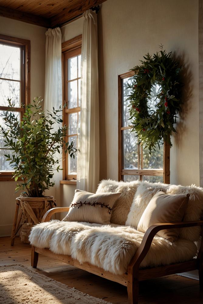 Holzleiter mit Lichterkette und winterlichem Grün in hellem Raum