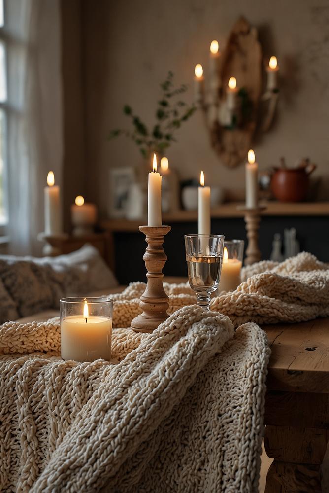 helle winterliche tischdeko mit birkenholz und strickdecke