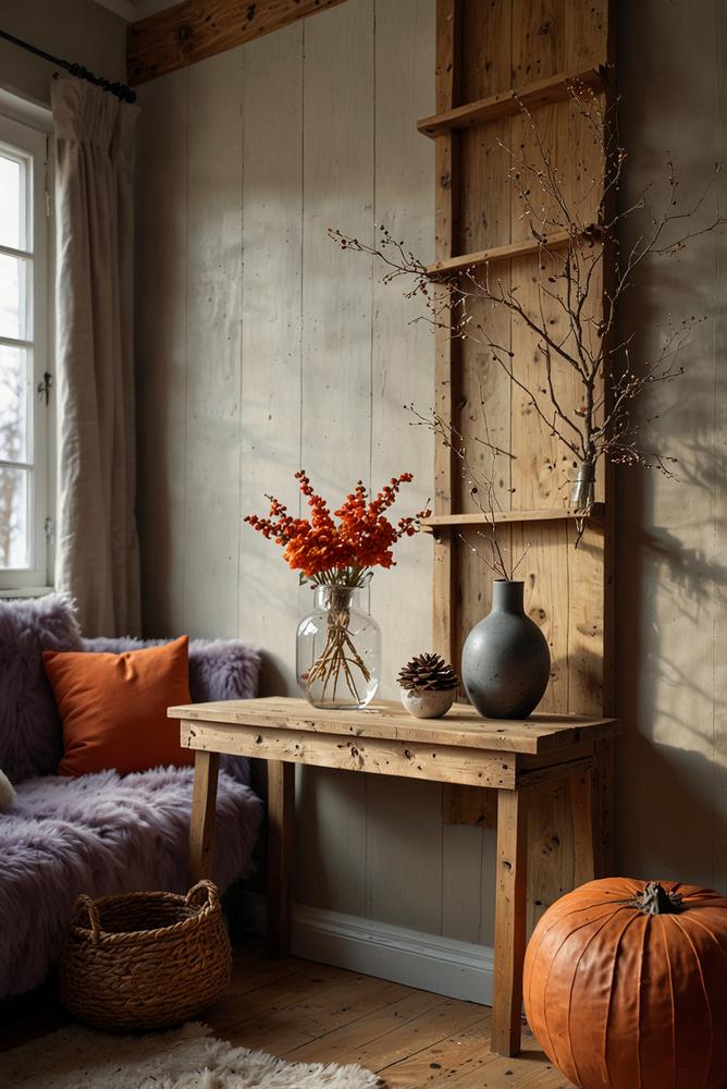 Rustikales Astregal aus Holz mit Beeren und Trockenblumen