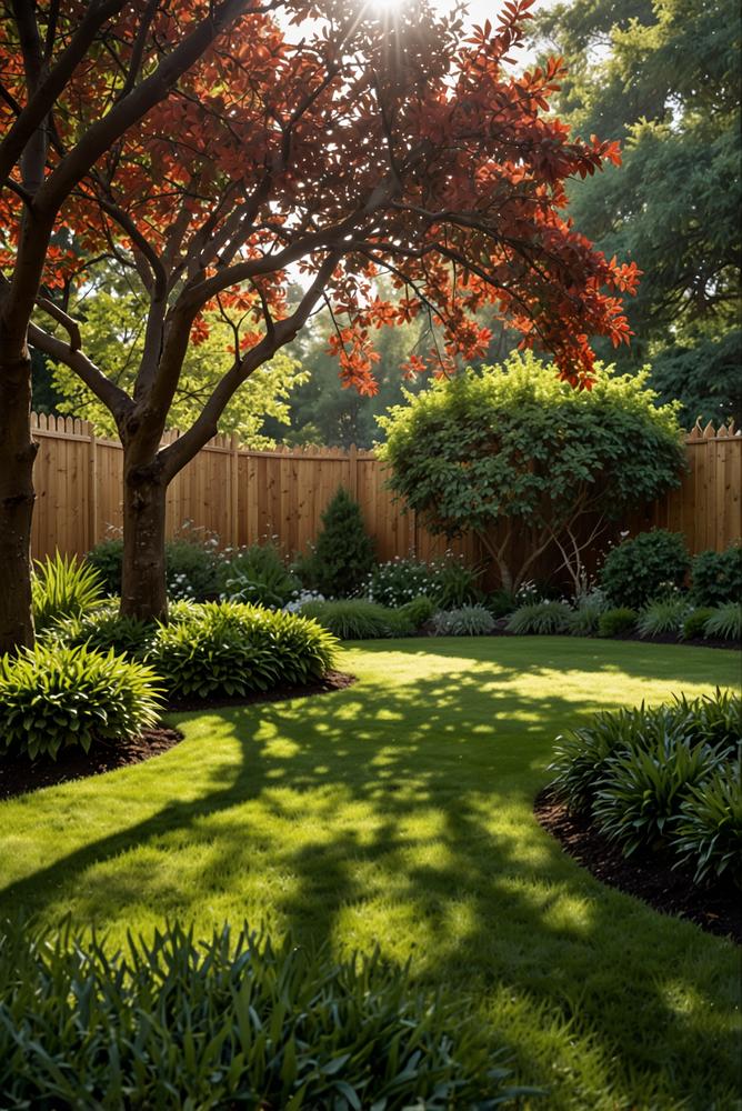 Heller Garten mit geschnittenen Bäumen und Sträuchern im Frühling