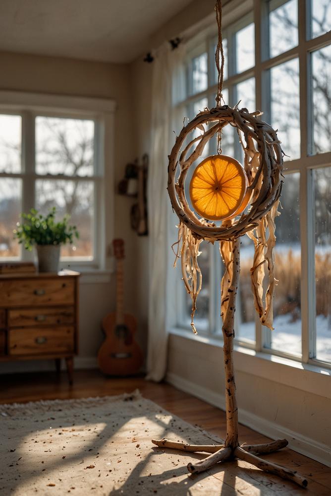 Schwemmholz-Mobile mit getrockneten Orangenscheiben winterlich dekoriert