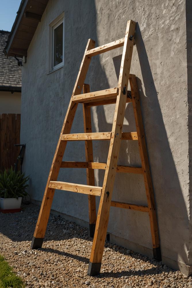 Leiter sicher an Hauswand für Dachrinnenreinigung