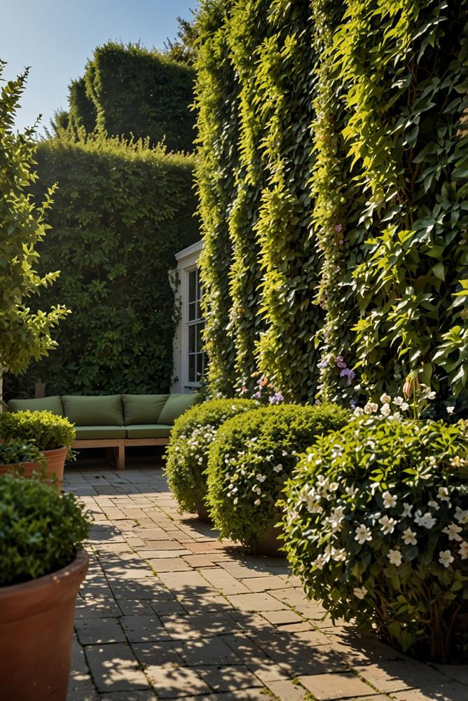 Helle grüne Gartenhecke mit Kletterpflanzen im Fruehling