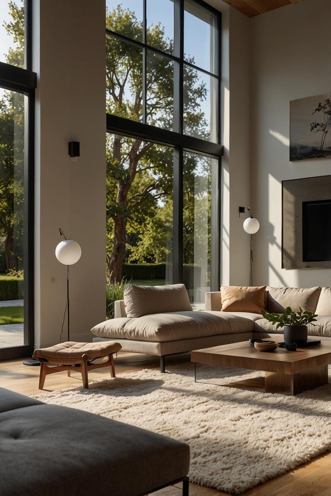 Helles, modernes Wohnzimmer mit Solaranlagen-Monitor