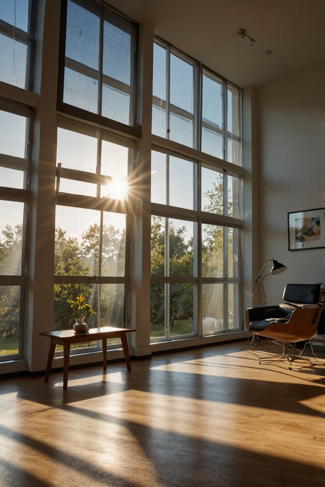 Helles, lichtdurchflutetes Zimmer mit Solar-Überwachungssystem