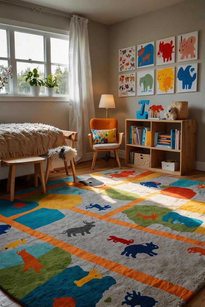 Heller kinderzimmer spielteppich mit bunten mustern