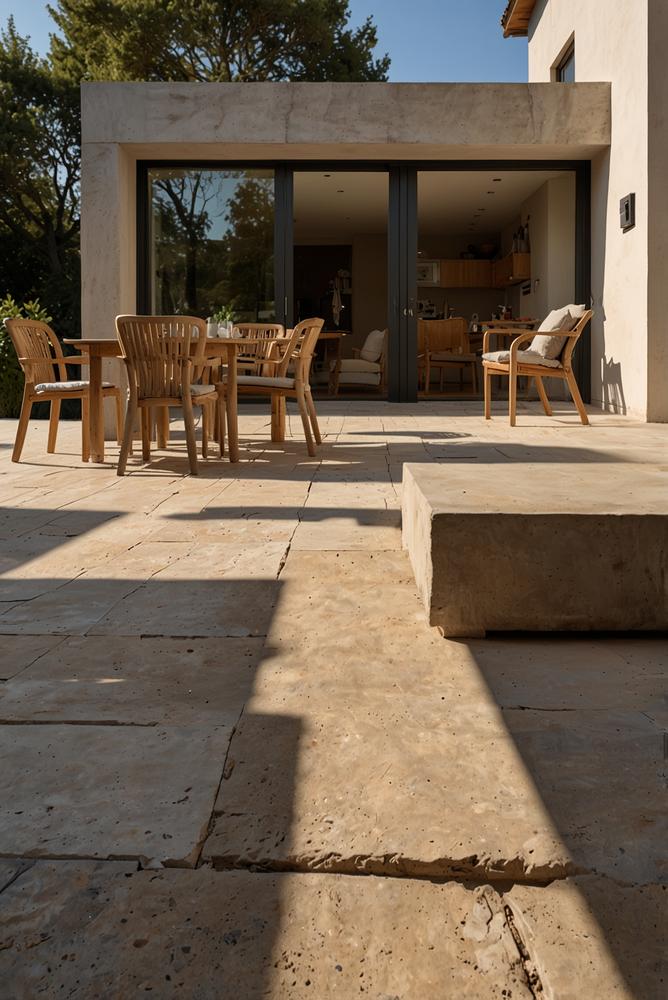 Helle einladende Terrasse mit Stein- und Holzboden am Haus