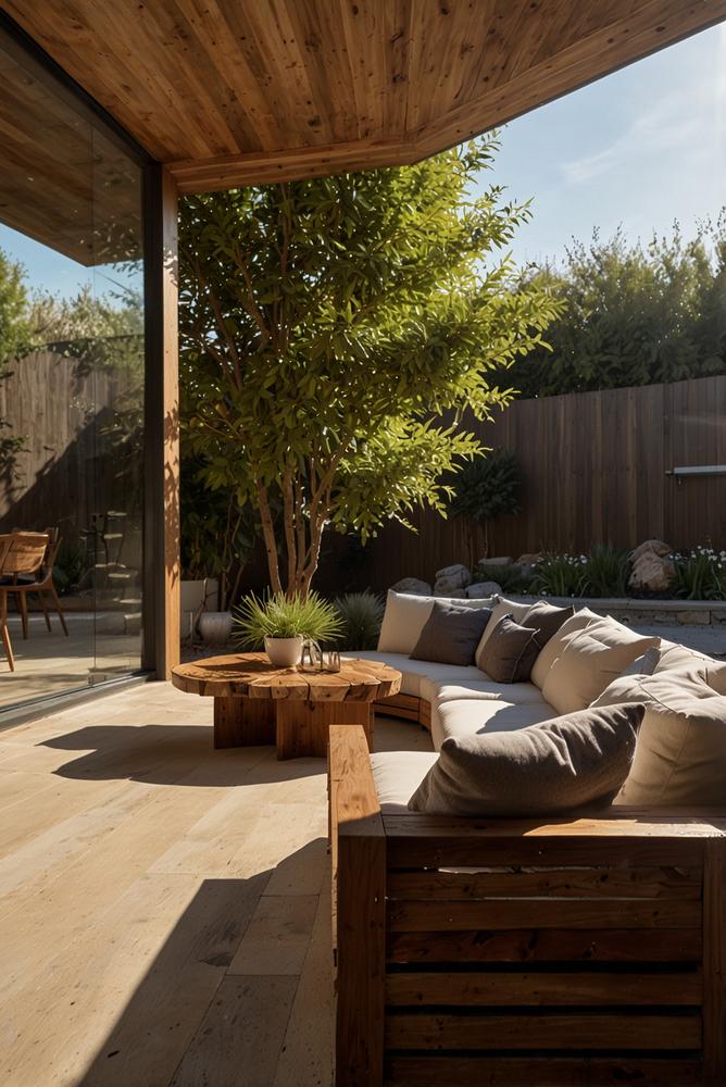 Helle, moderne Terrasse mit Holz und Sonnenlicht
