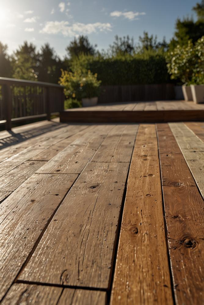 Helle, lichtdurchflutete Holzterrasse im Frühling