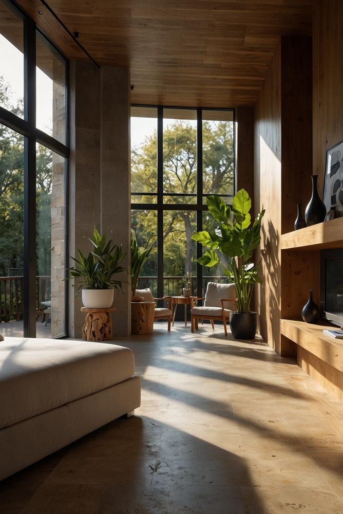 Helles, einladendes Zimmer mit Holz und Steinmaterialien