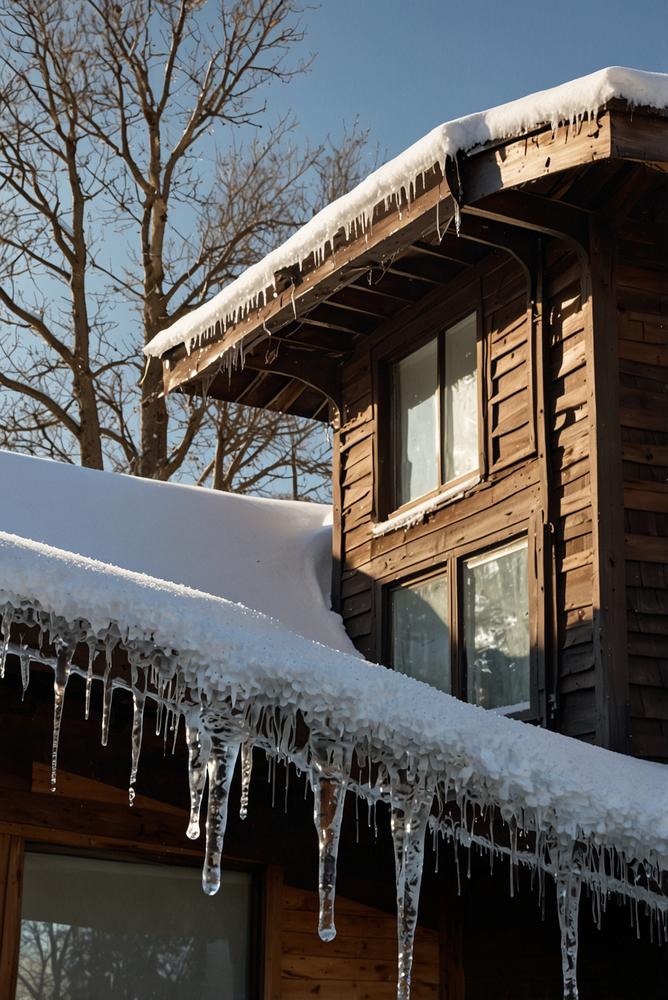 Vereiste Traufen mit Eisdämmen am Hausdach bei Sonnenschein