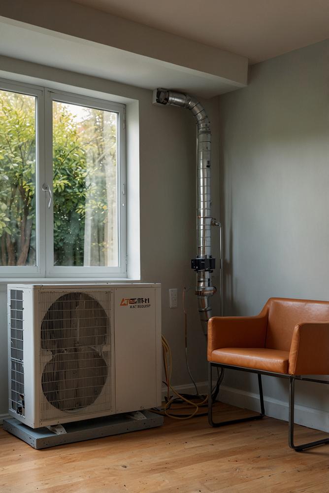 Heller Raum mit Wärmepumpe und Handwerkern bei der Arbeit