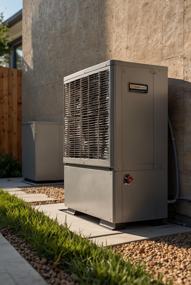 Moderne Wärmepumpe mit Schallschutz in sonnigem Außenbereich