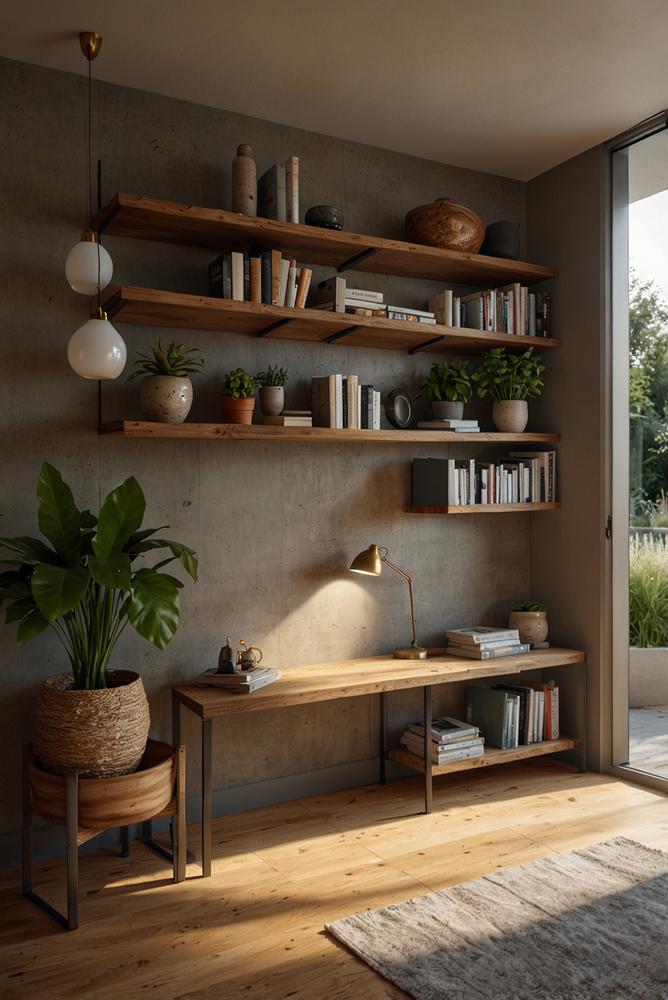 Warme Holzregale in hellem, einladendem Wohnraum