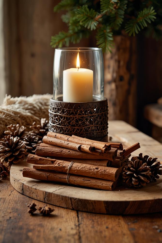 Holz-Punschbrett mit winterlicher Zimtdeko, hell und einladend