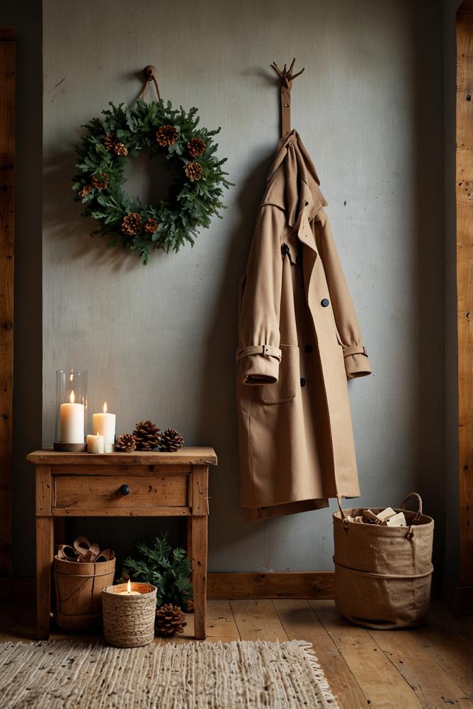 Holz-Garderobenleiste mit Tannengrün im Winter dekoriert