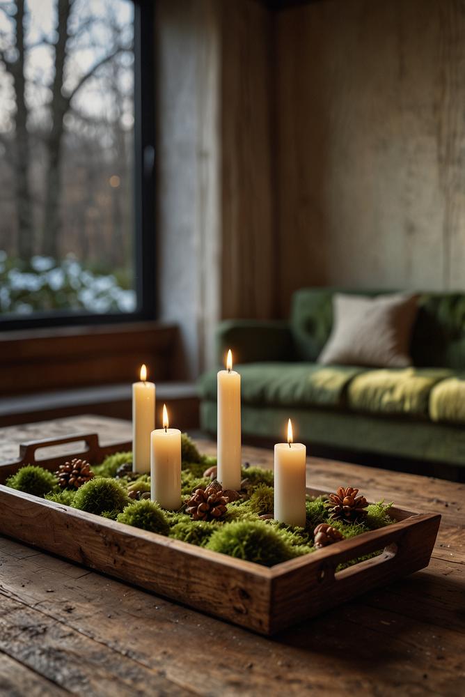 Holztablett mit Kerzen, Moos und Nüssen winterlich dekoriert
