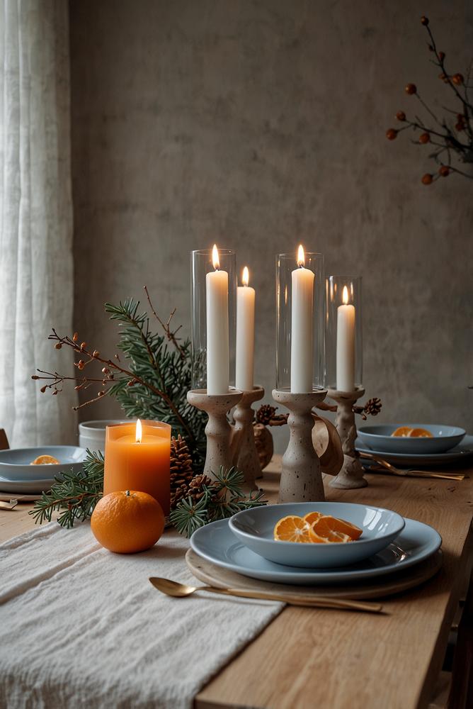 Skandinavische Winter-Tischdeko mit Keramik und Orangen