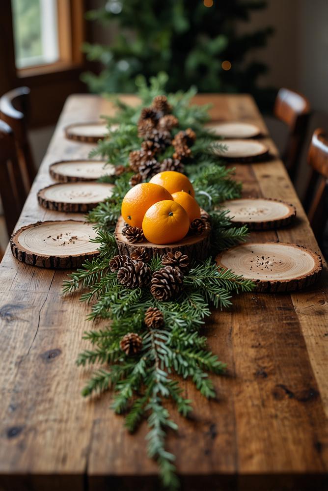 Winterliche Tischdeko mit Holzscheiben und Kiefernzweigen